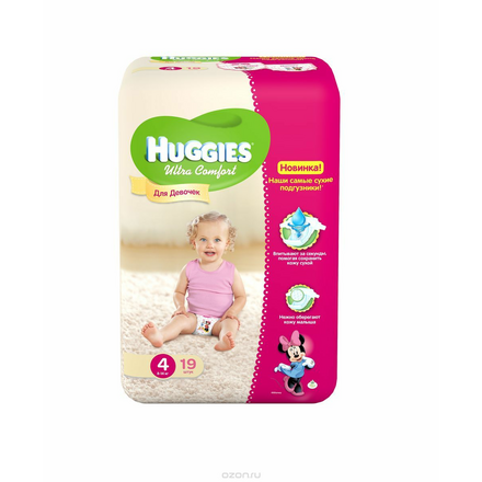 Huggies Ultra Comfort Подгузники для девочек 4, 8-14 кг, 19 шт