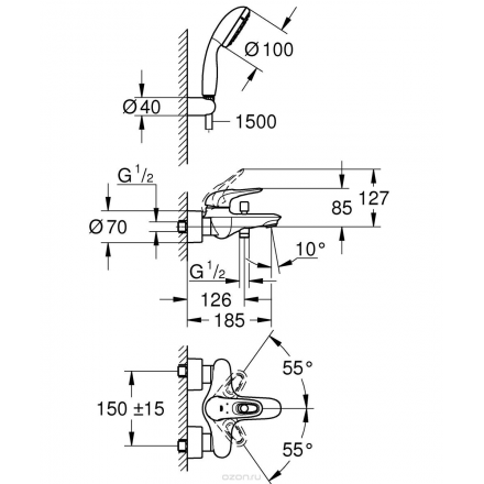 Смеситель для ванны GROHE Eurostyle new с душевым набором (33592003)