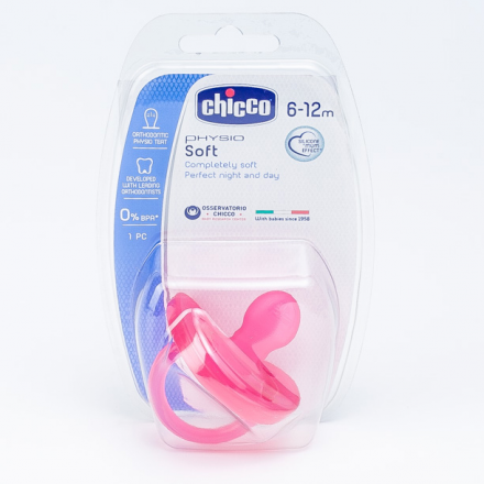 CHICCO пустышка Physio Soft,1шт.,6-12мес.,силикон,розовая 310410153