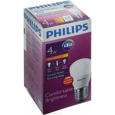 Лампа светодиодная Philips "LED bulb", цоколь E27, 4W, 3000K Лампа LEDBulb 4-40W E27 3000K 230V P45