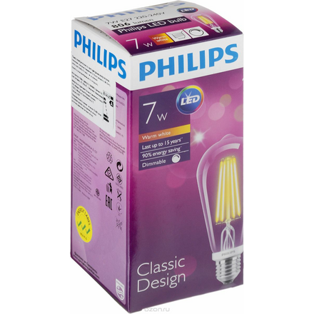 Лампа светодиодная Philips "LED Classic", цоколь E27, 7W, 2700К Лампа LEDClassic 7-70W ST64 E27 WW CL D