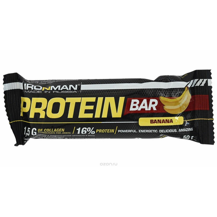 Батончик энергетический Ironman "Protein Bar", с коллагеном, банан, темная глазурь, 50 г 4607062756249