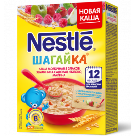 NESTLE &quot;ШАГАЙКА&quot; каша молочная 5 злаков земляника, яблоко, малина (с 12 мес.) 9x200g RU 12325651