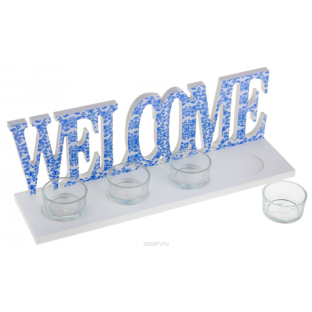 Подсвечник "Welcome", цвет: белый, голубой, 8 х 30 х 10 см 1200215