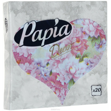 Салфетки бумажные Papia "Decor", трехслойные, цвет: розовые пионы, 33 х 33 см, 20 шт