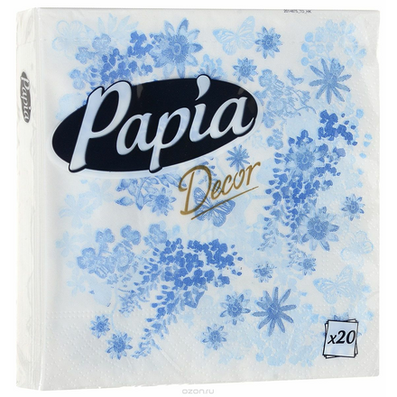 Салфетки бумажные Papia "Decor", трехслойные, цвет: синий, 33 х 33 см, 20 шт 15302_синий/ цветы и бвбочки