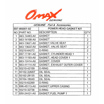 Ремкомплект прокладок блока Yamaha 55, Omax 697W000102_OM