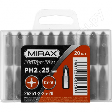 Биты ph№2, тип хвостовика c 1/4", длина 25 мм, 20 шт mirax 26251-2-25-20