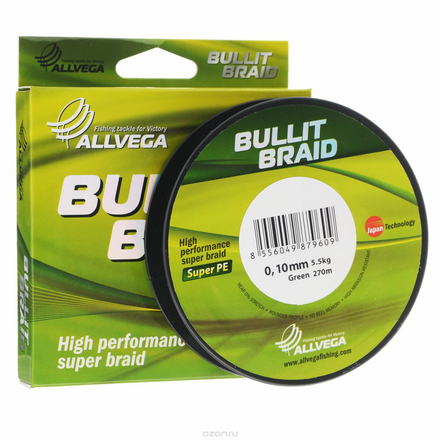 Леска плетеная Allvega "Bullit Braid", цвет: темно-зеленый, 270 м, 0,10 мм, 5,5 кг