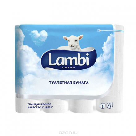 Туалетная бумага "Lambi", трехслойная, цвет: белый, 12 рулонов