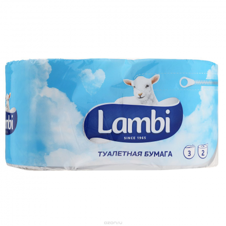 Туалетная бумага "Lambi", трехслойная, цвет: белый, 2 рулона