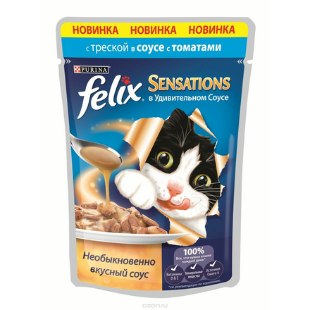 Консервы для кошек Felix "Sensations", с треской в соусе с томатами, 85 г