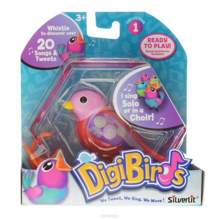 Интерактивная птичка Silverlit "Digi Birds", с аксессуарами, цвет: розовый, красный