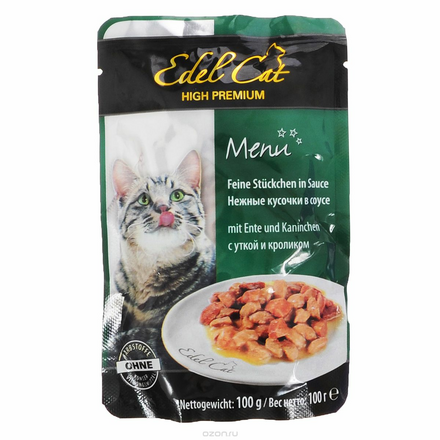 Консервы для кошек "Edel Cat", с уткой и кроликом в соусе, 100 г